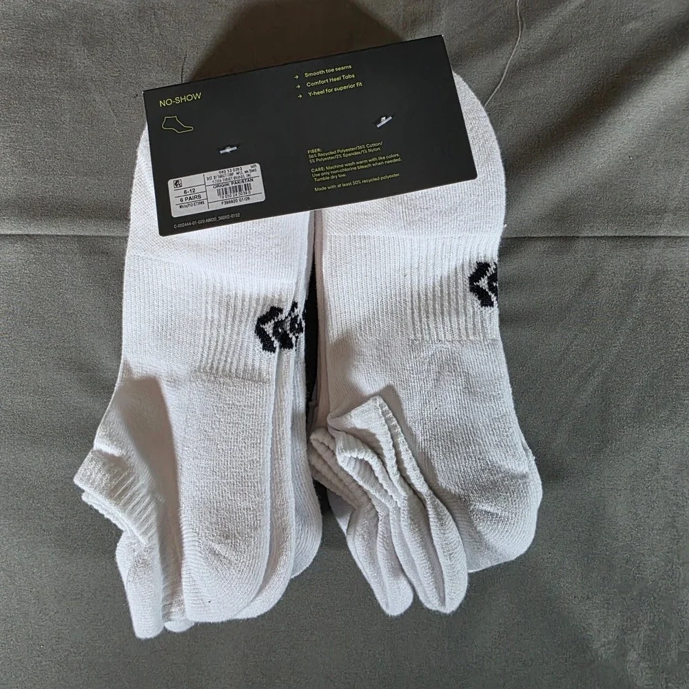 All in Motion Mens Performance No-Show Socks 6 Pack White Shoe Size 6-12 NEW